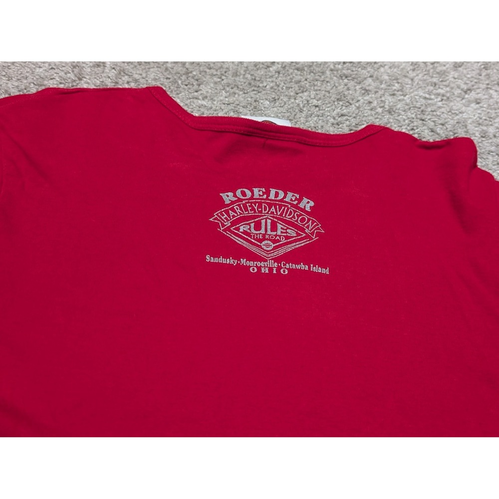 Harley-Davidson Shirt Womens L Red Long Sleeve Rhinestone Logo Roeder Ohio Biker - Picture 8 of 8